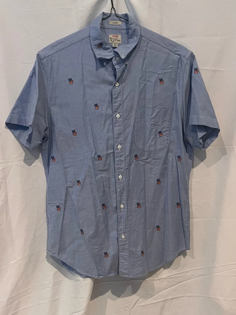 J. Crew Light Blue Short-Sleeve Button-Down Shirt with Small Embroidered Motifs